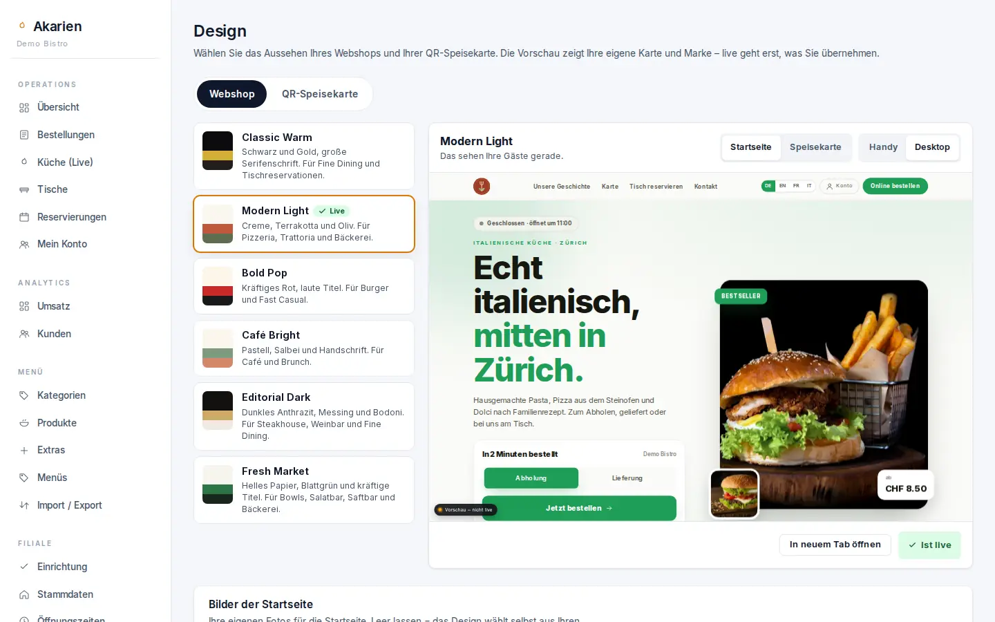 Admin: choosing a design with live preview