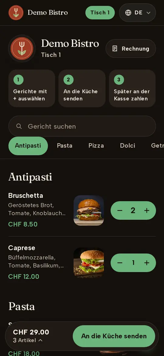 Table ordering via QR code on a phone