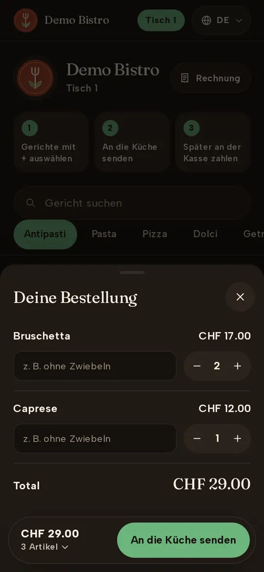 Order summary before sending it to the kitchen