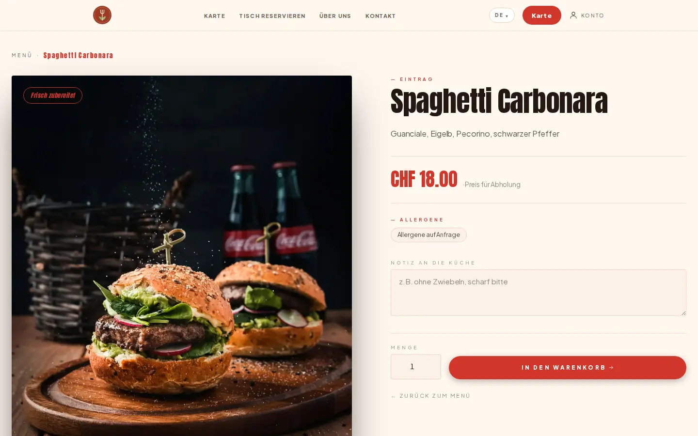 Product page on the restaurant website